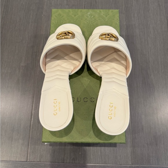 GC Double G Slide Sandals White Embossed Leather 294635